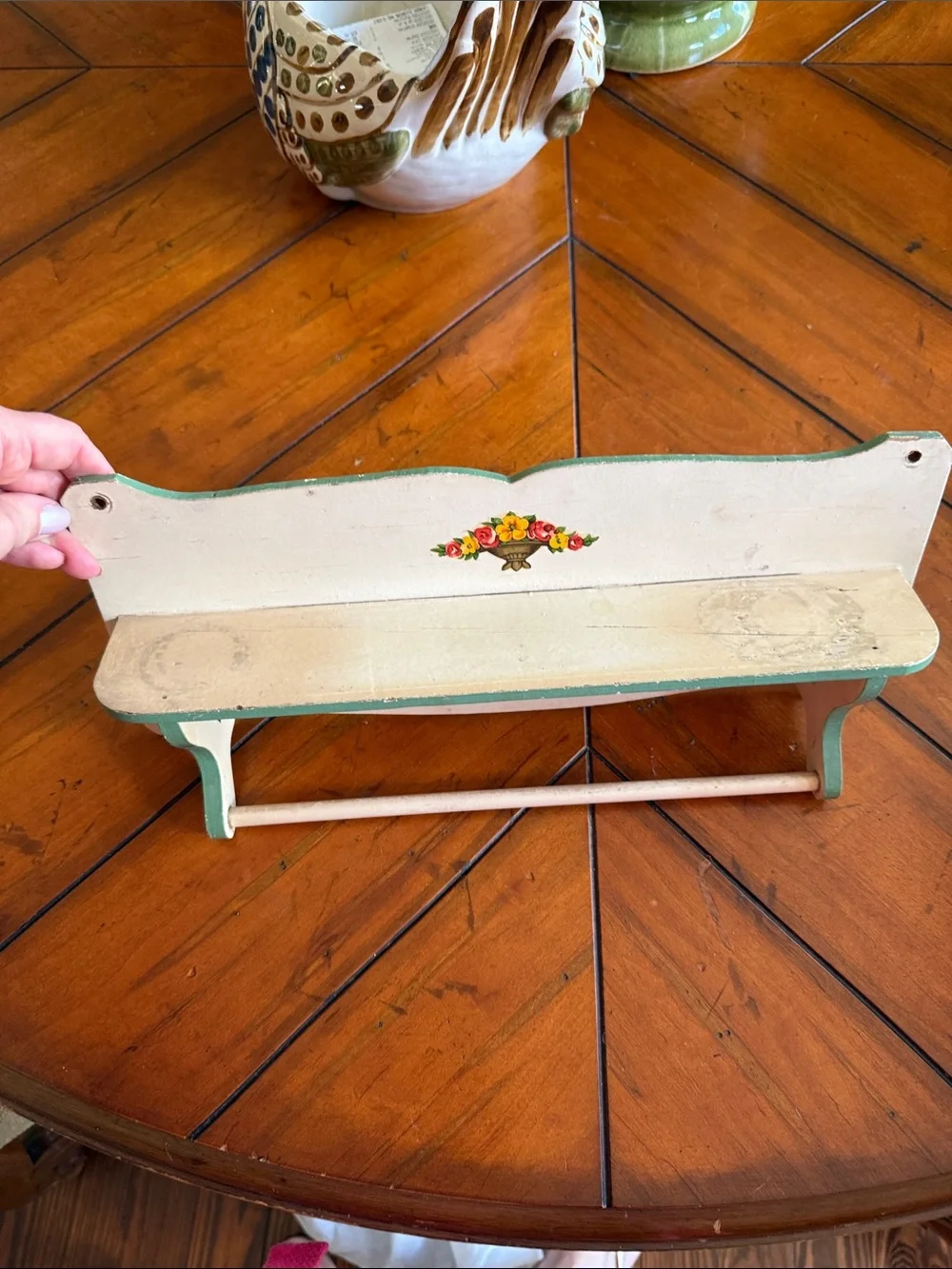 Antique 1930’s Cream Wall Shelf with Green Trim and Floral Motifs